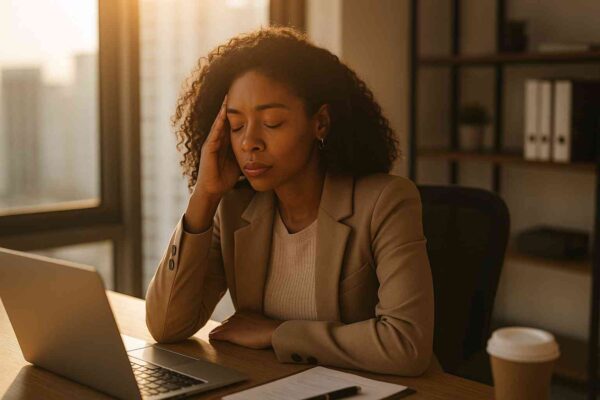 What Are Some Common Misconceptions About Mindfulness Meditation? 4 A professional woman sitting at her desk with eyes closed, taking a short mindfulness break during work in warm natural light.