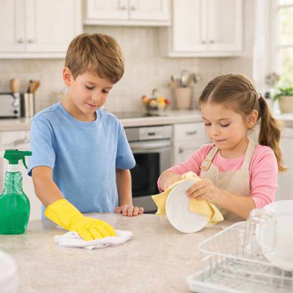 How Household Chores For Kids Become Powerful Learning Opportunities 4 Kids cleaning the kitchen as part of daily household chores at home