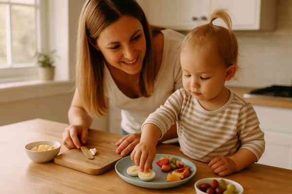 Toddler Food: Healthy Meal Ideas, Finger Foods &Amp; Easy Recipes 9 Parent and toddler preparing easy healthy meals with boiled eggs, fruit, and peanut butter in a cozy kitchen