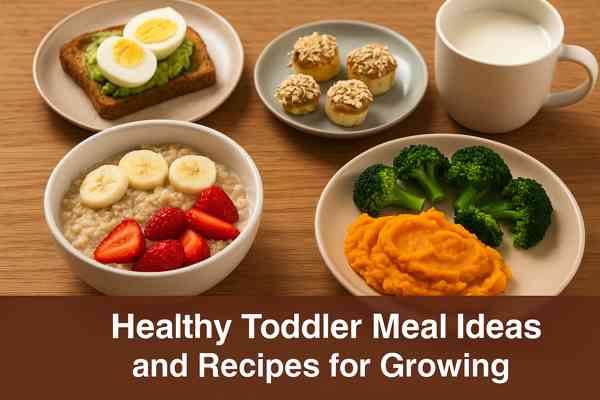 Toddler Food: Healthy Meal Ideas, Finger Foods &Amp; Easy Recipes 6 Healthy toddler meal ideas with oatmeal, sweet potato mash, peanut butter banana bites, and fruit slices on a table