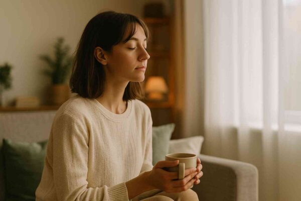 What Are Some Common Misconceptions About Mindfulness Meditation? 9 A calm person sitting at home with a cup of tea in warm natural light, practicing mindfulness and relaxation in daily life.