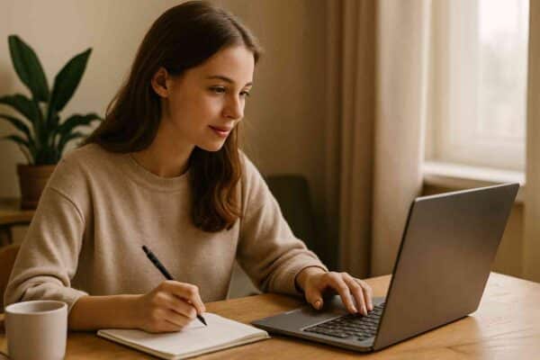 Learning Opportunities: Simple Ways To Grow Every Day 10 Woman studying online at home with laptop and coffee, representing flexible learning opportunities.