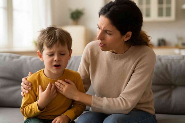Raising Happy Kids: A Journey Through Parenting With Joy 4 A calm mother comforting her upset son in a bright living room, showing empathy and emotional intelligence in parenting.