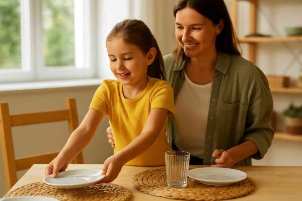 Raising Happy Kids: A Journey Through Parenting With Joy 11 A young girl setting the table with her smiling mother beside her, showing kindness, responsibility, and family connection at home.