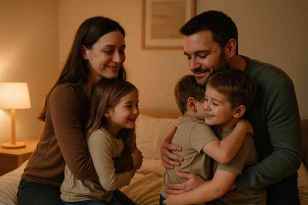Raising Happy Kids: A Journey Through Parenting With Joy 16 Parents hugging their children goodnight in a softly lit bedroom, showing love, warmth, and family connection before bedtime.