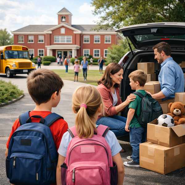 Supporting Kids During A Mid-Year School Move 1 Family supporting children during a mid-year school move outside a new school