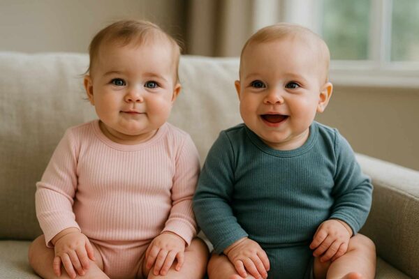100+ Cute And Creative Nicknames For Twins 9 Twin baby boy and girl sitting together on a cozy couch — cute mixed gender twins in natural light