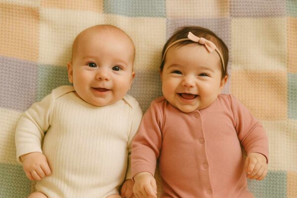 100+ Cute And Creative Nicknames For Twins 1 Smiling twin babies lying on a pastel blanket — cute baby boy and girl twins - nicknames for twins